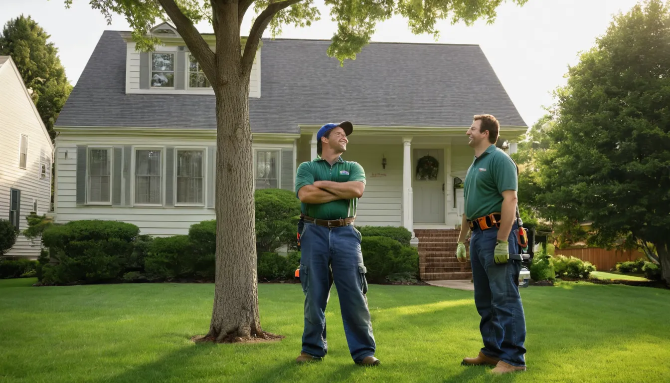 A homeowner and a tree provider looking up at a large tree beside a house in Bowie
